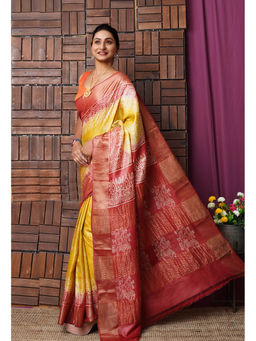 Unnati Silks - Yellow Pure Handloom Block Printed Bengal Tussar Silk Saree with Unstitched Blouse