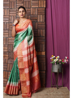 Unnati Silks - Green Pure Handloom Block Printed Bengal Tussar Silk Saree with Unstitched Blouse