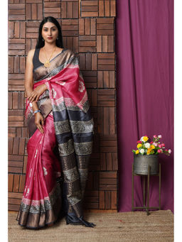 Unnati Silks - Pink Pure Handloom Block Printed Bengal Tussar Silk Saree with Unstitched Blouse