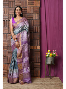 Unnati Silks - Dark Grey Pure Handloom Block Printed Bengal Tussar Silk Saree with Unstitched Blouse