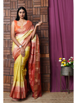 Unnati Silks - Yellow Pure Handloom Block Printed Bengal Tussar Silk Saree with Unstitched Blouse