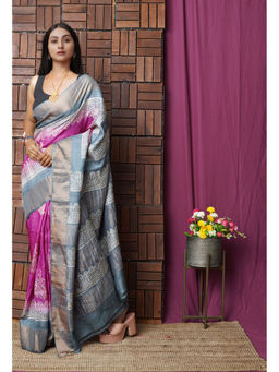 Unnati Silks - Pink Pure Handloom Block Printed Bengal Tussar Silk Saree with Unstitched Blouse