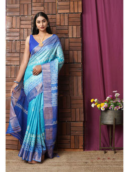 Unnati Silks - Blue Pure Handloom Block Printed Bengal Tussar Silk Saree with Unstitched Blouse