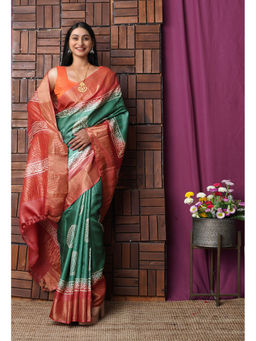 Unnati Silks - Green Pure Handloom Block Printed Bengal Tussar Silk Saree with Unstitched Blouse