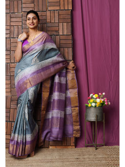 Unnati Silks - Dark Grey Pure Handloom Block Printed Bengal Tussar Silk Saree with Unstitched Blouse