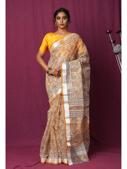 Unnati Silks - Cream Pure Hand Block Printed Kota Saree with Unstitched Blouse
