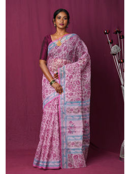 Unnati Silks - Pink Pure Hand Block Printed Kota Saree with Unstitched Blouse
