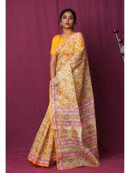Unnati Silks - Yellow Pure Hand Block Printed Kota Saree with Unstitched Blouse