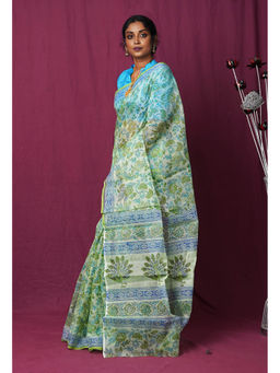 Unnati Silks - Green Pure Hand Block Printed Kota Saree with Unstitched Blouse