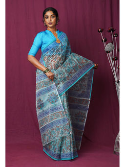 Unnati Silks - Blue Pure Hand Block Printed Kota Saree with Unstitched Blouse