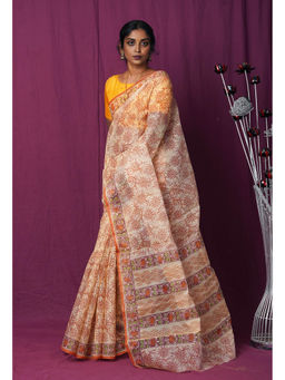 Unnati Silks - Cream Pure Hand Block Printed Kota Saree with Unstitched Blouse