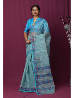 Unnati Silks - Blue Pure Hand Block Printed Kota Saree with Unstitched Blouse