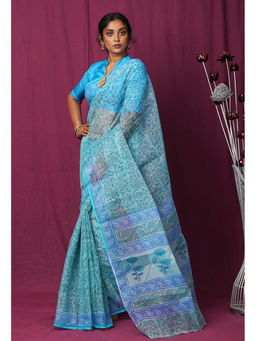 Unnati Silks - Blue Pure Hand Block Printed Kota Saree with Unstitched Blouse