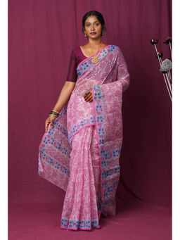 Unnati Silks - Pink Pure Hand Block Printed Kota Saree with Unstitched Blouse