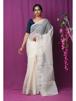 Unnati Silks - Cream Pure Embroidery Kota Saree with Unstitched Blouse