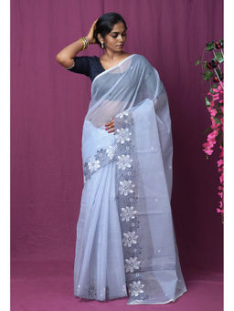 Unnati Silks - Grey Pure Embroidery Kota Saree with Unstitched Blouse