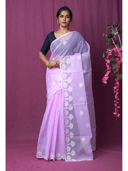 Unnati Silks - Lavender Pure Embroidery Kota Saree with Unstitched Blouse