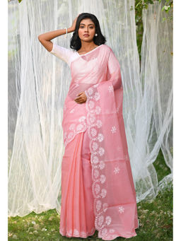 Unnati Silks - Peach Pure Embroidery Kota Saree with Unstitched Blouse