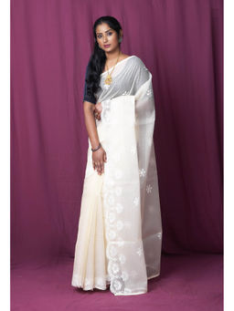 Unnati Silks - Cream Pure Embroidery Kota Saree with Unstitched Blouse