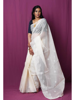 Unnati Silks - Cream Pure Embroidery Kota Saree with Unstitched Blouse