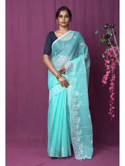 Unnati Silks - Turquoise Pure Embroidery Kota Saree with Unstitched Blouse