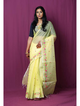 Unnati Silks - Yellow Pure Embroidery Kota Saree with Unstitched Blouse