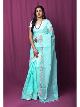 Unnati Silks - Turquoise Pure Embroidery Kota Saree with Unstitched Blouse