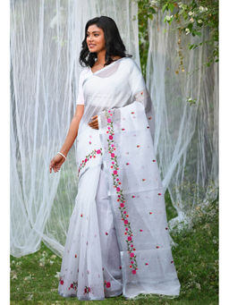 Unnati Silks - White Pure Embroidery Kota Saree with Unstitched Blouse