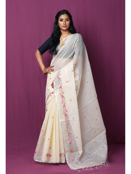 Unnati Silks - Cream Pure Embroidery Kota Saree with Unstitched Blouse