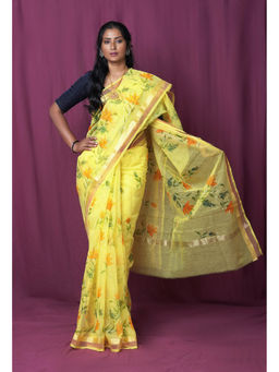 Unnati Silks - Yellow Pure Hand Painted Kota Saree with Unstitched Blouse