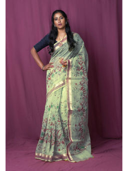 Unnati Silks - Green Pure Hand Painted Kota Saree with Unstitched Blouse