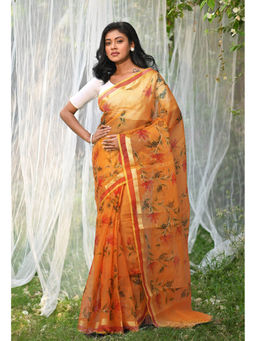 Unnati Silks - Orange Pure Hand Painted Kota Saree with Unstitched Blouse