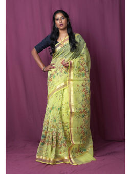 Unnati Silks - Green Pure Hand Painted Kota Saree with Unstitched Blouse