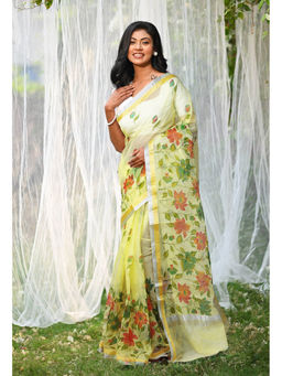 Unnati Silks - Yellow Pure Hand Painted Kota Saree with Unstitched Blouse
