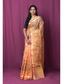 Unnati Silks - Orange Pure Hand Painted Kota Saree with Unstitched Blouse