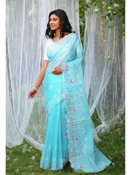 Unnati Silks - Blue Pure Embroidery Kota Saree with Unstitched Blouse