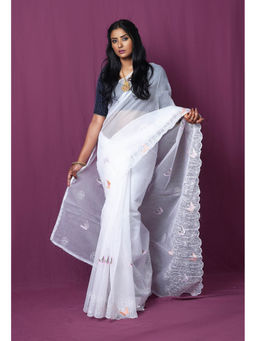 Unnati Silks - White Pure Embroidery Kota Saree with Unstitched Blouse