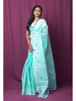 Unnati Silks - Turquoise Pure Embroidery Kota Saree with Unstitched Blouse