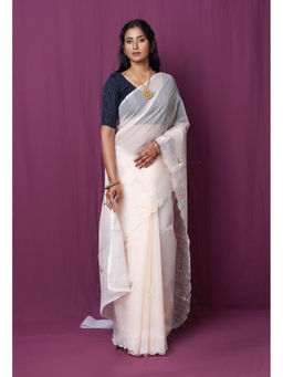 Unnati Silks - Cream Pure Embroidery Kota Saree with Unstitched Blouse