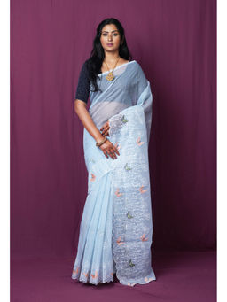 Unnati Silks - Blue Pure Embroidery Kota Saree with Unstitched Blouse