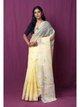 Unnati Silks - Yellow Pure Embroidery Kota Saree with Unstitched Blouse