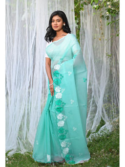 Unnati Silks - Turquoise Pure Embroidery Kota Saree with Unstitched Blouse