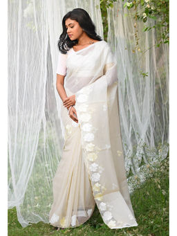 Unnati Silks - Cream Pure Embroidery Kota Saree with Unstitched Blouse