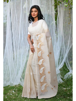 Unnati Silks - Beige Pure Embroidery Kota Saree with Unstitched Blouse