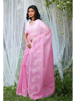 Unnati Silks - Pink Pure Embroidery Kota Saree with Unstitched Blouse
