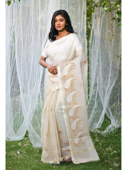 Unnati Silks - Cream Pure Embroidery Kota Saree with Unstitched Blouse