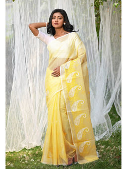 Unnati Silks - Yellow Pure Embroidery Kota Saree with Unstitched Blouse