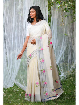 Unnati Silks - Cream Pure Embroidery Kota Saree with Unstitched Blouse