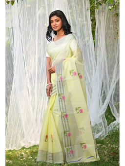 Unnati Silks - Yellow Pure Embroidery Kota Saree with Unstitched Blouse