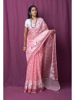 Unnati Silks - Pink Pure Hand Painted with Embroidery Kota Saree with Unstitched Blouse